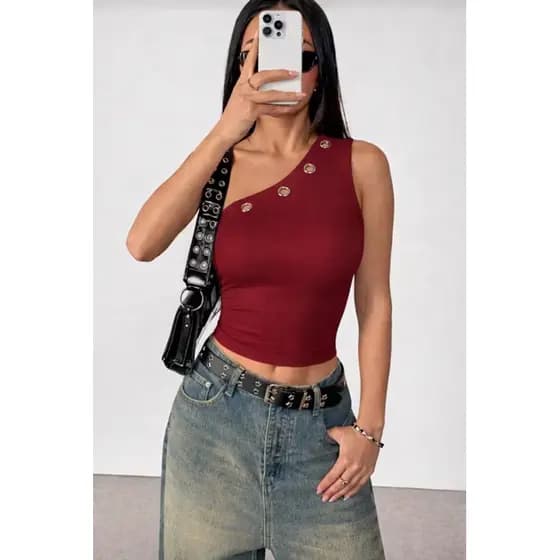 Blusa Feminina Regata Nula Manga com Ilhós metálicos e forro suplex tendência moda gringa y2k