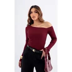 Blusa feminina manga longa recorte no ombro, em tecido ribana algodão (básica, versátil tendência 2025/2026