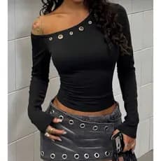 Blusa feminina manga longa recorte no ombro suplex com forro e detalhes ilhós niquelado