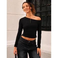Blusa feminina recorte no ombro suplex com forro manga longa moda gringa Outono/Inverno