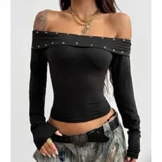 Blusa feminina Ombro a Ombro manga longa com ilhós niquelado y2k suplex