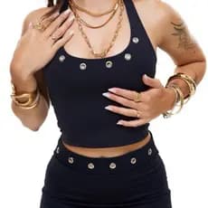 blusa feminina regata halter neck com forro ajustável com ilhós metálicos tendência moda gringa cropped ilhós