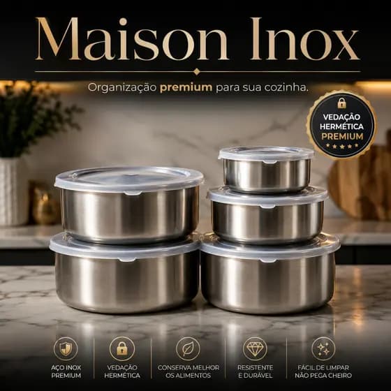 Kit 5 Potes Herméticos de Inox para Cozinha | Vedação Premium Maison Inox™