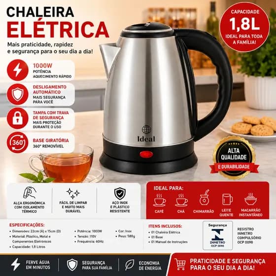 Chaleira Eletrica Inox Capacidade 18 Litros Potencia 1000 Watts Rapida Aquecimento