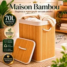 Cesto Roupa Bambu 70 Litros Com Alcas Tampa Design Resistente Organizador
