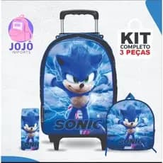 Kit mochila escolar Sonic com lancheira e Estojo - Carrinho com Rodinhas - Menino - Masculino