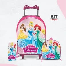 Kit mochila escolar Princesas com lancheira e Estojo -Carrinho com Rodinhas - Menina - Feminino
