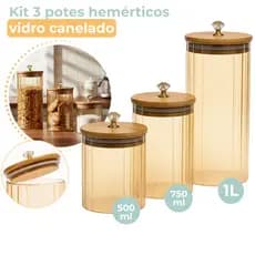 Kit 3 Potes de Vidro Canelado Âmbar Hermético Mantimentos com Tampa Bambu 1000ml 750ml e 500ml