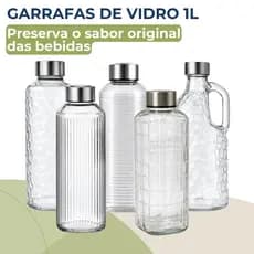 Garrafa de Vidro 1 Litro Tampa Inox Água Suco Geladeira