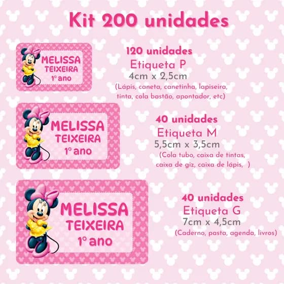 Etiquetas Escolares Minnie Rosa | Volta às Aulas | Material Escolar | Etiqueta para Lápis Caneta Caderno