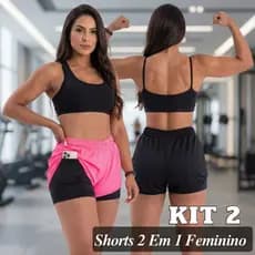 Kit 2 Shorts 2 em 1 Feminino Duplo Com Bolso Interno Para Celular Treino Corrida
