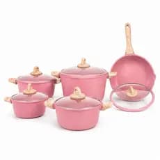 Jogo de Panelas 5 Peças Cerâmica Antiaderente Rosa Indução Gás Elétrico Tampa de Vidro Cabo Amadeirado Premium Não Gruda