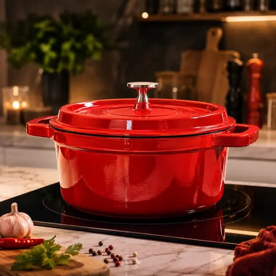 Caçarola Ferro Fundido Esmaltada 24cm 3,8L Vermelha Tampa de Ferro Indução Gás