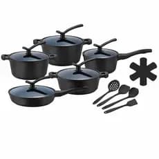 Jogo de Panelas 15 Peças Preto Indução Gás Conjunto Peças Cerâmica Antiaderente Premium Tampa de Vidro Cozinha