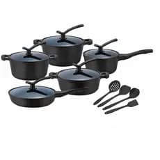 Conjunto de Panelas 15 Peças Preto Cerâmica Antiaderente Indução Gás Tampa de Vidro Temperado