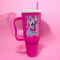 Copo com Canudo Stitch e Angel 1200ml Em Policarbonato + Brinde