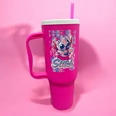 Copo com Canudo Stitch 
Personalizado 1200ml Em Policarbonato + Brinde