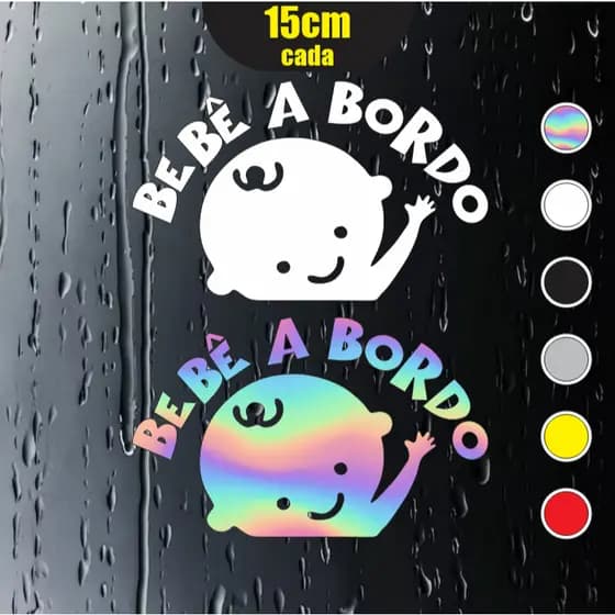 2x Adesivos Bebê a bordo dando tchau - Holográfico e várias cores  - 15x9cm cada