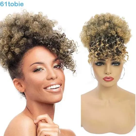TOBIE Afro Puff Kinky Cabelo Encaracolado , Pedaços De Fofos Extensão De Rabo De Cavalo Updo Com Franja , Natural