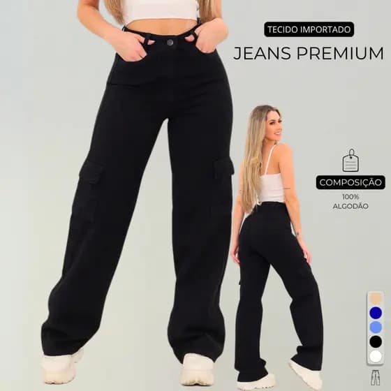 Calça Cargo Feminina Preta Jeans Original  Wide Leg Cintura Alta 34 Ao 44 + 5 Cores