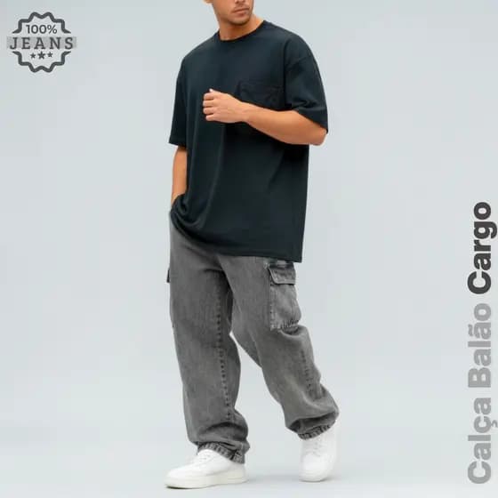 Calça Jeans Cargo Masculina Streetwear Preta Mescla