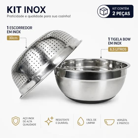 Escorredor Arroz Inox 26cm + Tigela 6,5L Completa