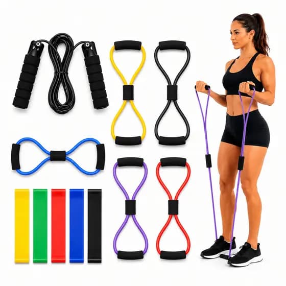 Kit Treine Em Casa Completo Elástico Extensor Cross Tube + Kit com 5 Faixa + Corda de Pular