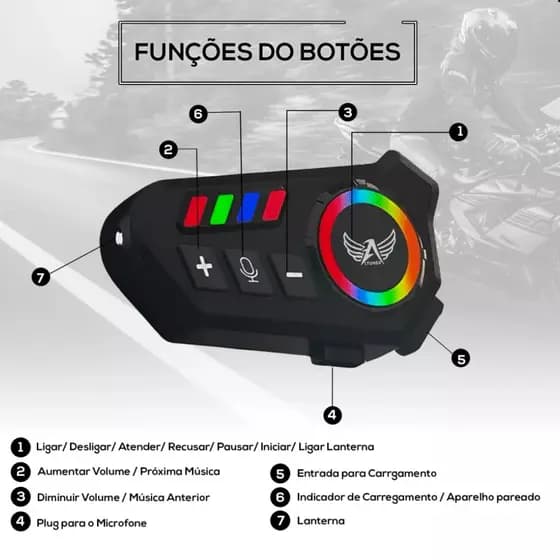 Fone De Ouvido Bluetooth Para Moto Capacete Led Resistente Agua Com Microfone Chamada Y70
