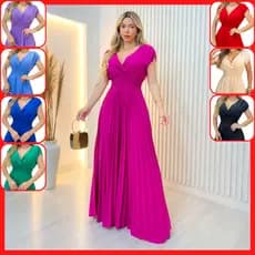 Vestido Feminino Longo Plissado Elegante para Casamento Noiva Civil Festa Formatura Igreja Luxo X174