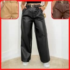Calça Feminina Pantalona Efeito Couro PU Resinada Wide Leg Country com Cinto Bege Marrom Preta F7702