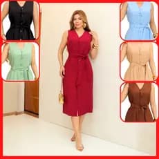 Vestido Chemise de Botão Médio Elegante Linho Premium Alfaiataria Luxo Acinturado Chique Festa X261