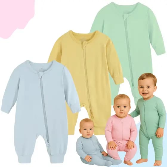Kit 3 Macacão de Bebê Minimalista com Zíper Baby Sem Pé Inverno Enxoval Pijama Malha 100% Algodão
