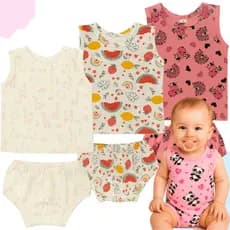 Kit 3 Conjuntos Verão Bebê Menina Regata e Tapa Fralda Estampado 100% Algodão Roupinha Infantil 0 a 12 Meses