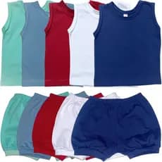 Kit 10 Peças Infantil 5 Regatas Camisetas 5 Shorts Tapa Fralda Liso Estampado Pijama Enxoval Bebê Menino Menina verão
