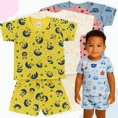 Kit 3 Pijamas Infantis Camiseta e Short Bermuda Estampado Bebê Menino Menina Verão 1 a 3 Anos