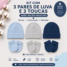Kit 3 Toucas 3 Pares Luvas Bebê Recém Nascido Inverno 100% Algodão Suaves e Hipoalérgica RN