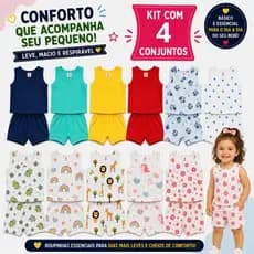 Kit 4 Conjuntos bebe 4 Regatas Camisetas 4 Short Tapa Fralda Liso Estampado Pijama Enxoval Bebê Menino Menina Verão