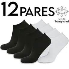 Kit 12 Pares Meias Soquete Curta  Invisível LISA Tecido Transpirável Absorve 52% Poliéster