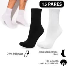 kit 6 / 15 Pares Meia Cano Alto Preto - Branco