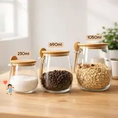 Pote de Vidro com Tampa de Bambu e Colher Recipiente Hermético para Armazenar Café, Chá, Grãos e Alimentos Secos