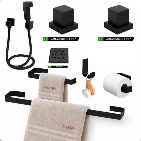 Kit Acessórios Preto Para Banheiro Quadrado Com Ralo Anti Odor Para Banheiro