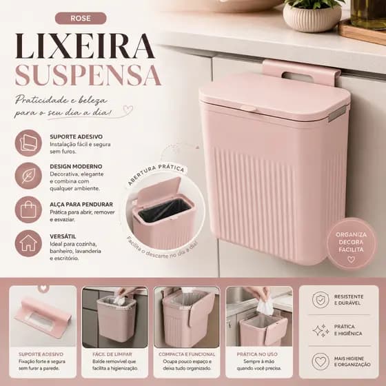 Lixeira Cozinha Suspensa Decorativa Lixeira Banheiro Rose Suporte Adesivo Alça Pendurar Lixeira