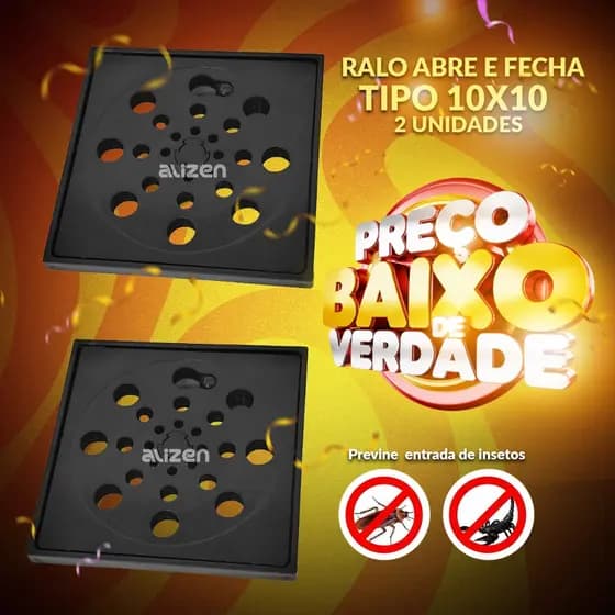 Ralo Banheiro Abre e Fecha Quadrado 10x10 Preto Evita Insetos e Odor com Duas Unidades