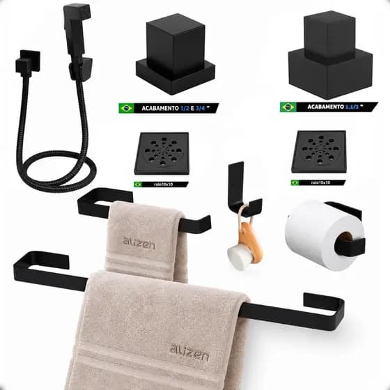 Kit de Acessórios Banheiro Preto Ducha Higiênica Ralo Tipo 10x10  Acabamentos Registro Porta Toalhas
