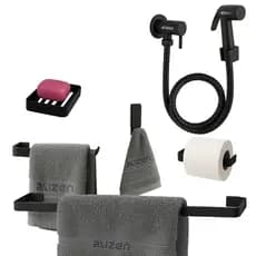Kit De Banheiro Preto Com Ducha Higiênica saboneteira e Porta Toalhas