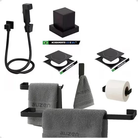 Kit banheiro Acessórios Preto Banheiro Quadrado Ducha Higiênica Super Luxo Preta Ralo Click