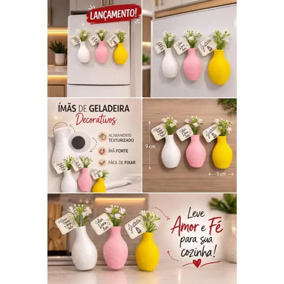 Kit 3 Jarrinhos Imã de Geladeira Decorativos – Vasos Decorativos Magnéticos (Flores Variadas)