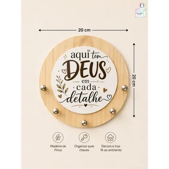 Porta Chaves Redondo de Parede em Madeira de Pinus Minimalista Decorativo