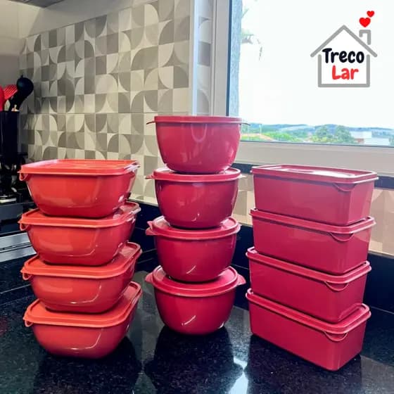Conjunto de 12 Vasilhas de Plástico Vermelho de 1 Litro - Freezer | Micro-ondas e Marmitas
