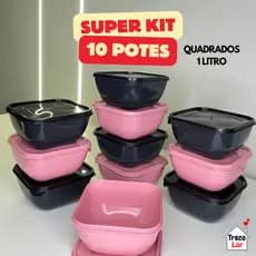 Kit 10 Potes Quadrados - Plástico - Capacidade 1 Litro - Vasilha - Tapoer - Coloridos